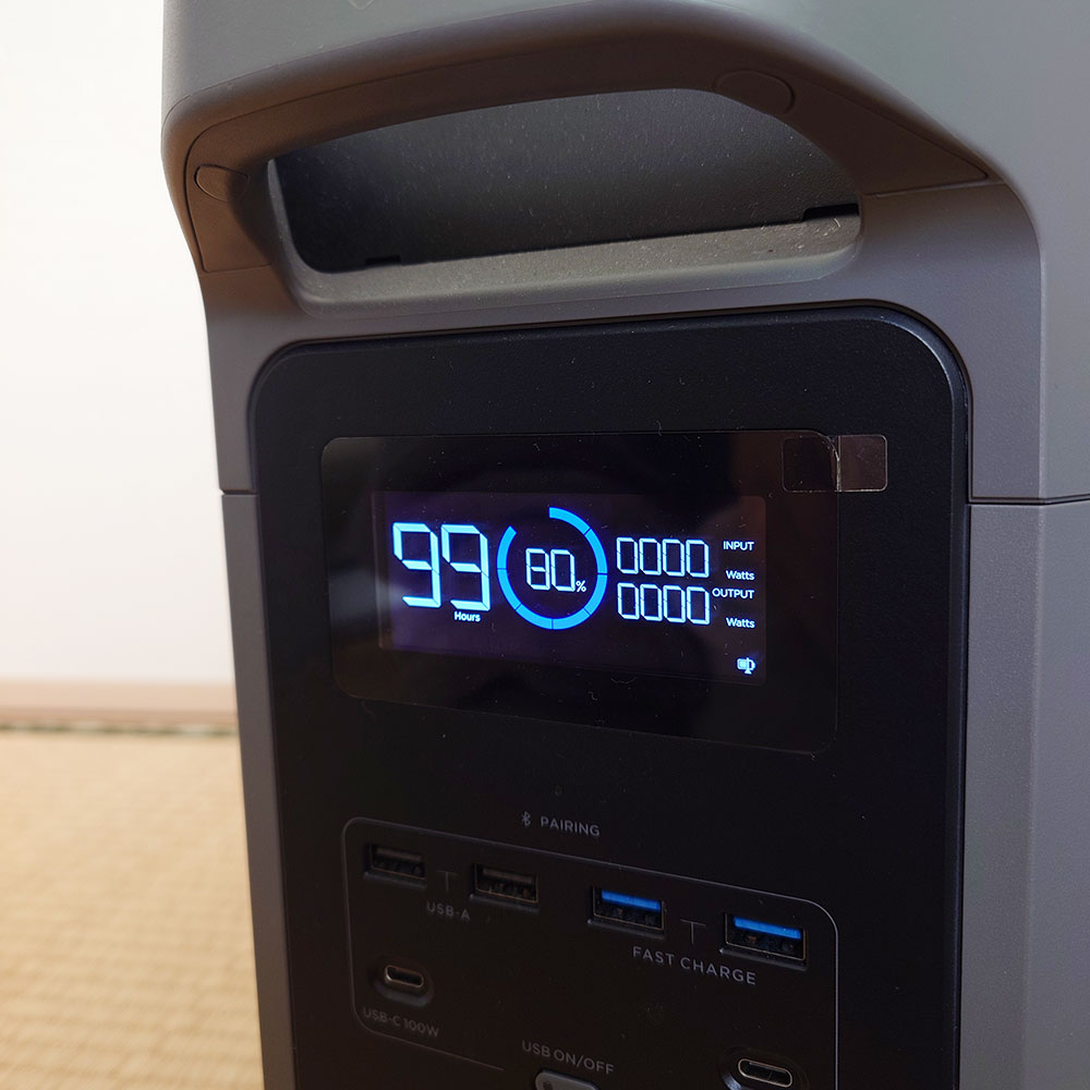 DELTA 2 Max Sの本体パネル。バッテリー残量80%の表示で、入力・出力ともに0Wになっている様子